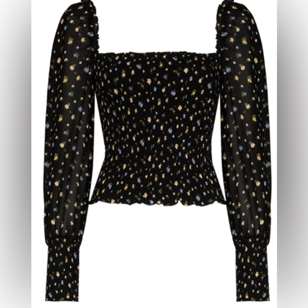 REFORMATION Pinto Smocked Floral-print Woven Top In Black